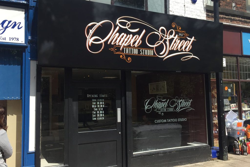 Chapel Street Tattoo - sign tray with full colour digital print and frosted window graphics