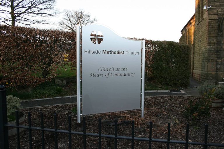 Hillside Methodist - free standing sign aluminium posts with frosted graphics