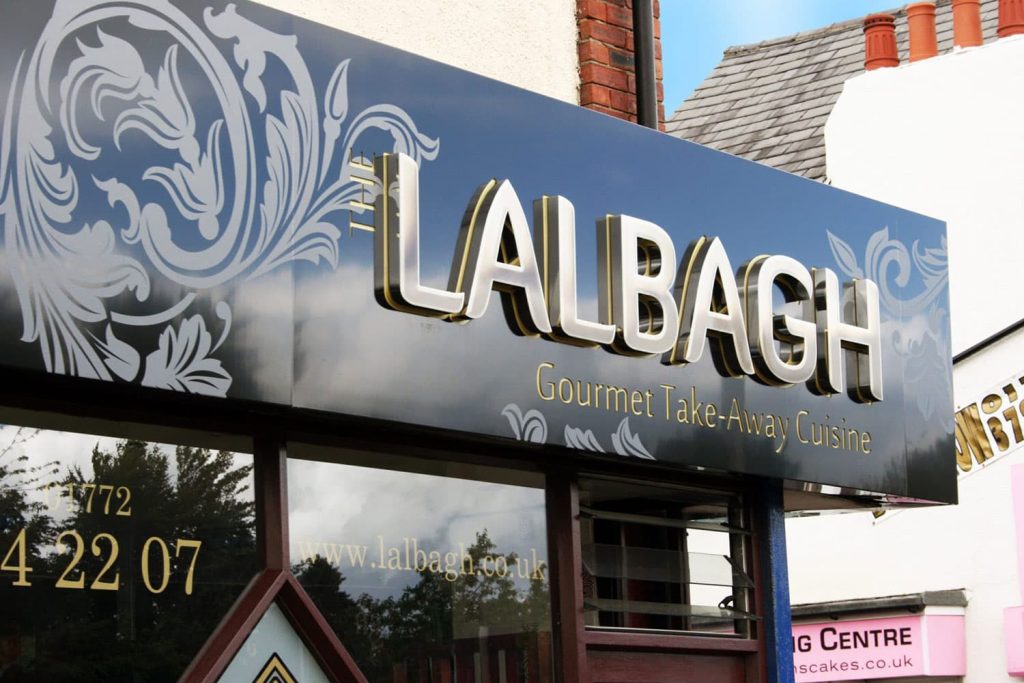 Lalbagh - built-up stainless steel letters with print to face fret cut halo and text on a sign tray