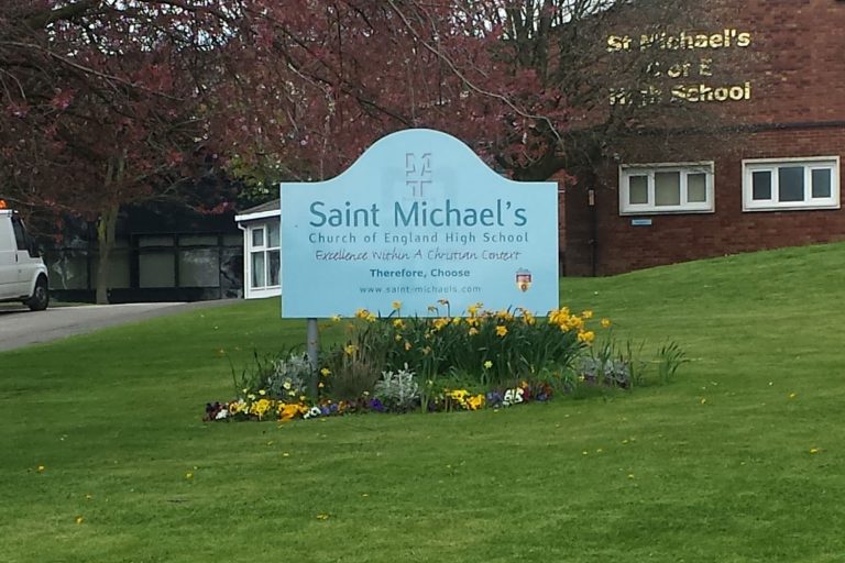St Michaels - shaped aluminium composite signs with full colour digital print to face mounted to posts